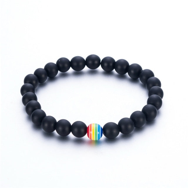 Gay Pride 1Pc Women Men Rainbow Flag Ball Natural Stone Black Onyx Beads Bracelet